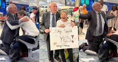 "78-year-old man proposing at airport with red rose"